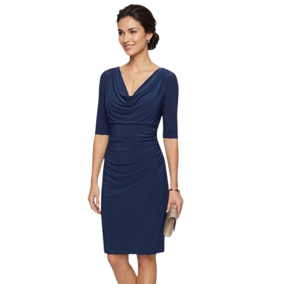 💫SZ8 Ralph Lauren Navy Cowl-Neck Ruched Sheath Dress Elbow Sleeve Wedding Guest